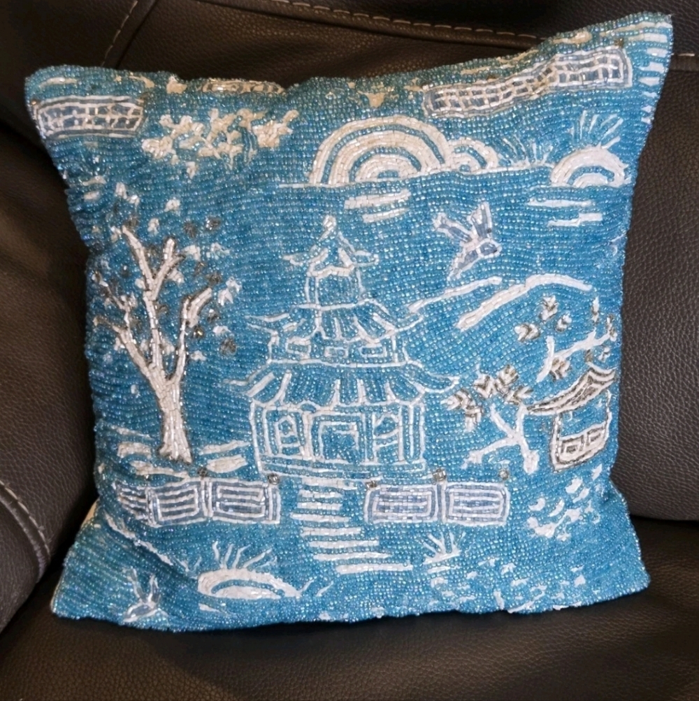 Chinoiserie Pagoda beaded pillow 13"